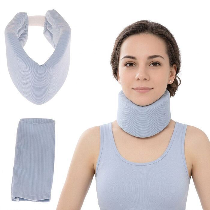 Gray orthopedic cervical neck collar with model