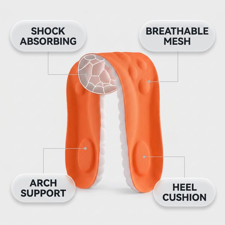Sport Performance Insoles infographic — shock absorbing, breathable mesh, arch support, heel cushion