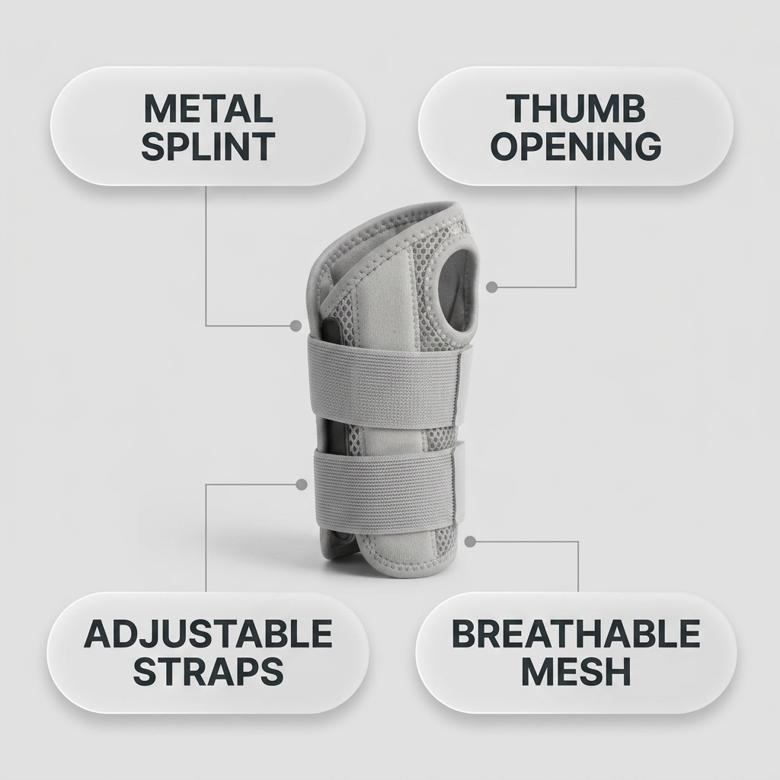 Compression wrist brace feature infographic metal splint adjustable straps breathable mesh thumb opening